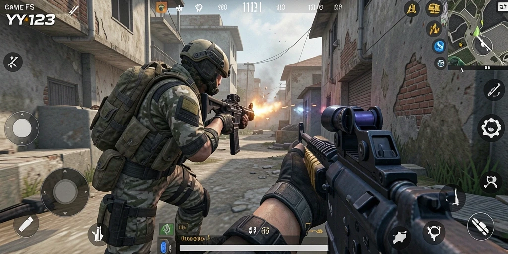 Screenshot menunjukkan aksi intens dalam game FPS YY123.